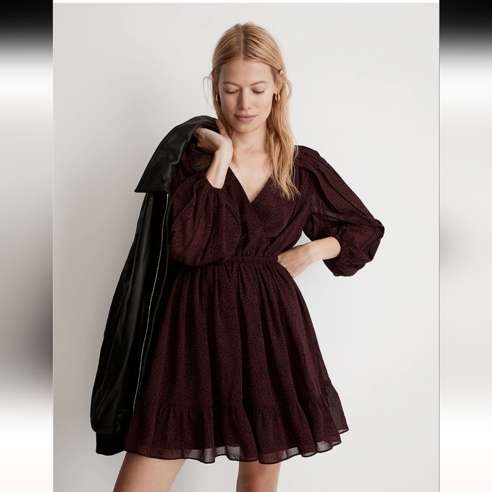 Madewell Georgette Faux-Wrap Mini Dress in Maroon/Black, sz XL